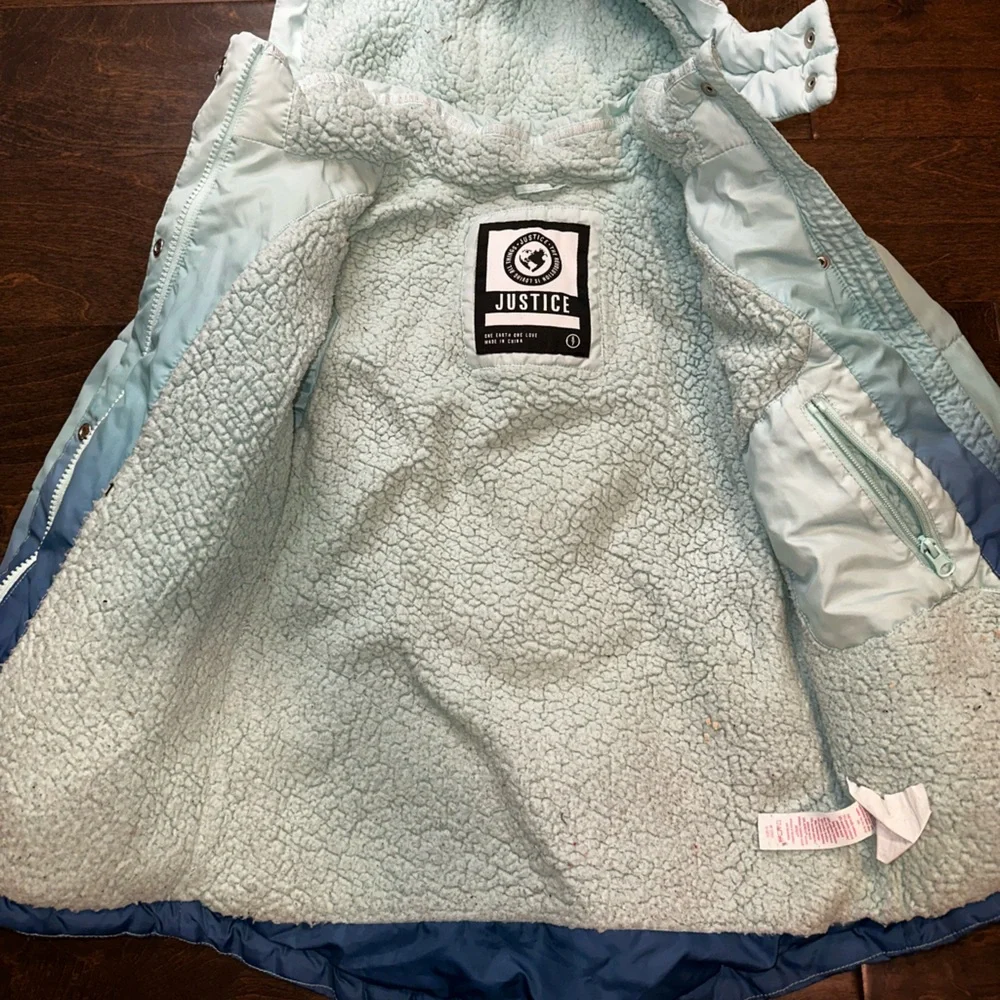 Justice Aqua Mist Gradient Ombré Blue Puffer Jacket Coat Girls Size 6/7